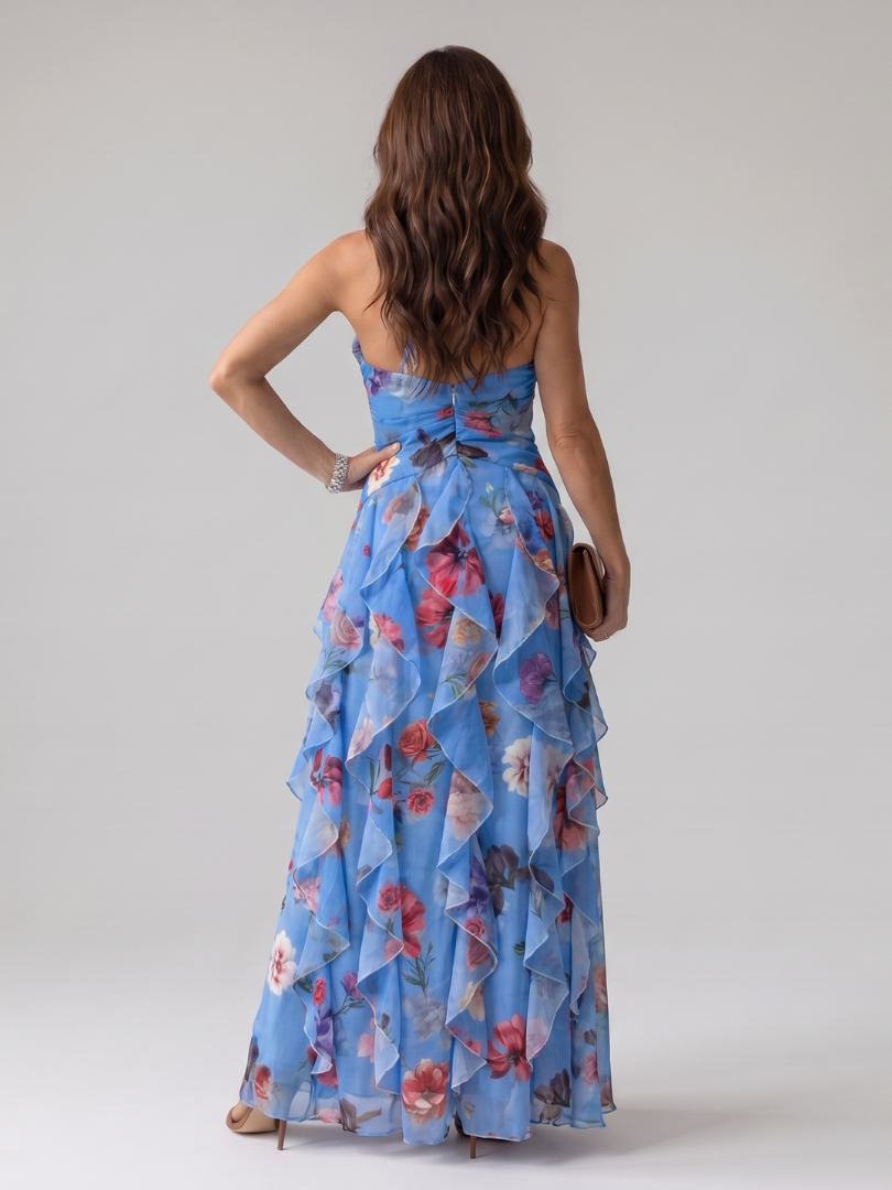 Nori | Vestido Maxi Floral com Decote Halter e Corpete Plissado
