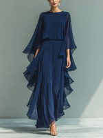 Conjunto de Chiffon Azul Escuro com Rendados