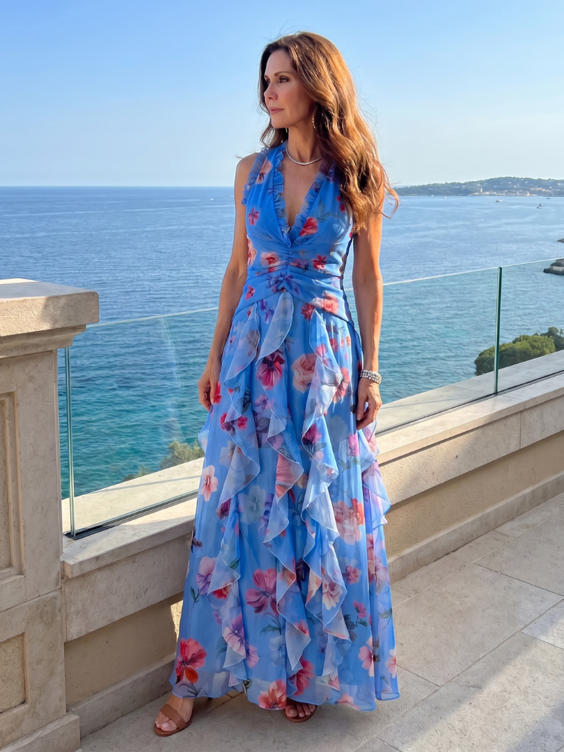 Nori | Vestido Maxi Floral com Decote Halter e Corpete Plissado