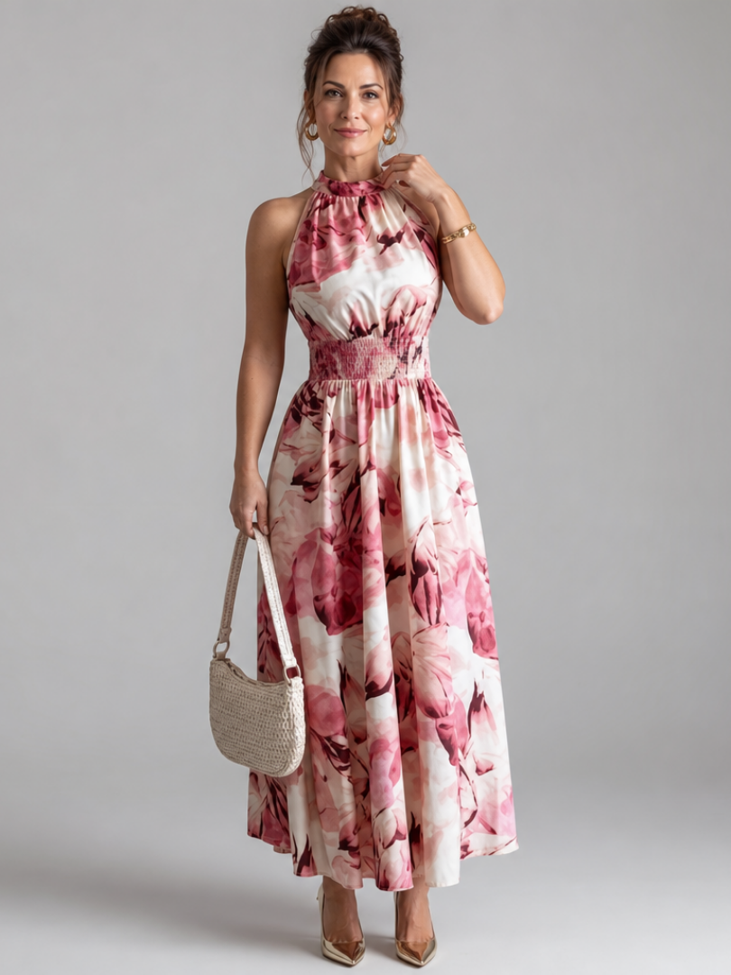 Olivia | Vestido Midi com Cintura Fruncida e Estampa Abstrata