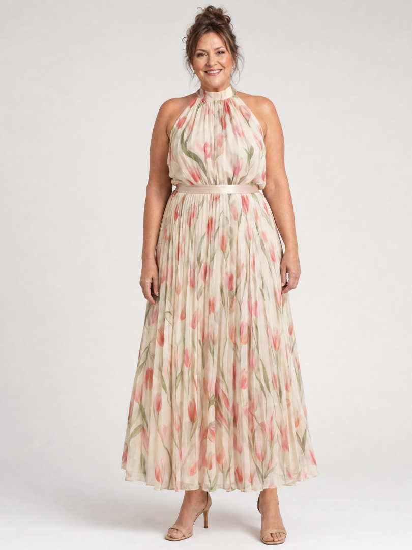 Aurelle | Vestido Midi Floral com Decote Halter