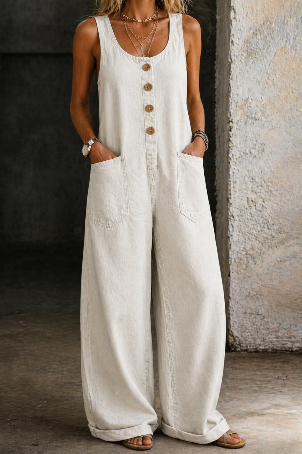 Vânia - Macacão de Algodão Denim Vintage Lavado