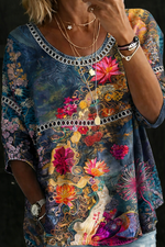 Sandra - Blusa de Denim Floral Vintage