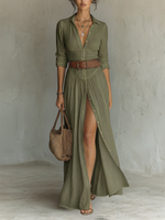 Vestido Maxi de Linho com Gola Reversível de Manga Longa