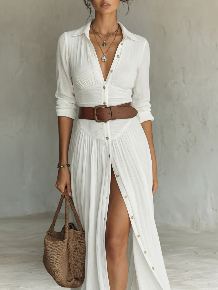 Vestido Maxi de Linho com Gola Reversível de Manga Longa