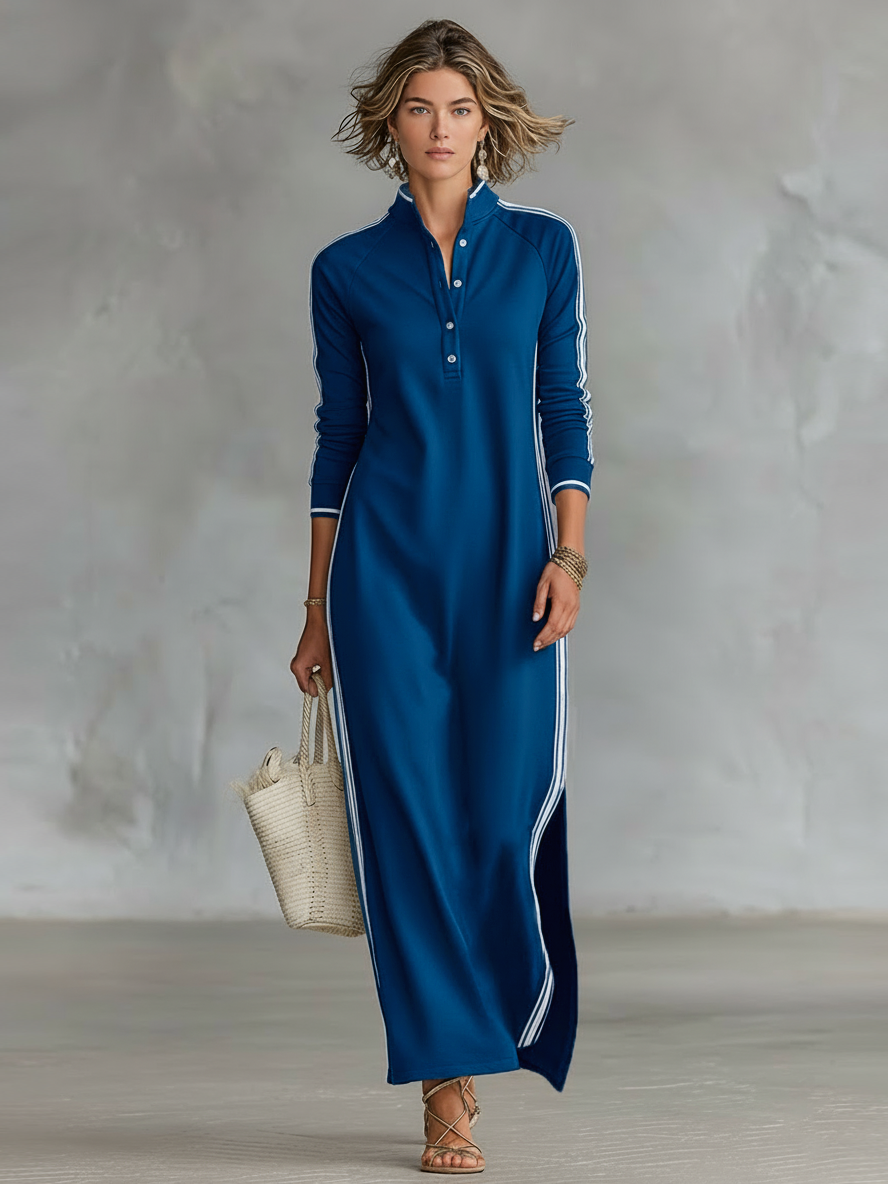 Vestido Maxi de Sweat com Gola de Botão