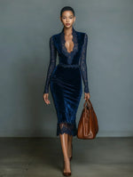 Vestido Midi de Veludo com Decote em V