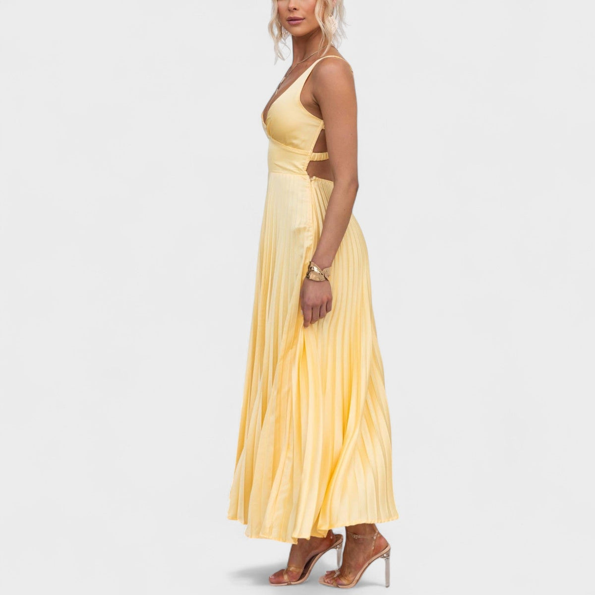 Abia - Vestido maxi amarelo plissado