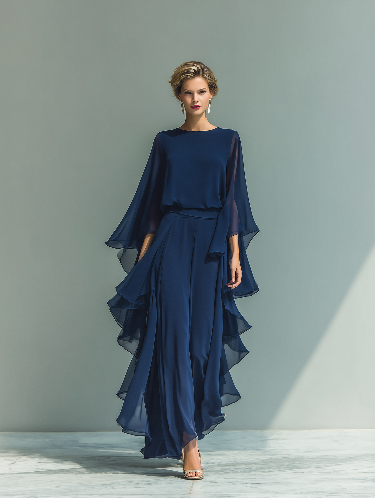 Conjunto de Chiffon Azul Escuro com Rendados