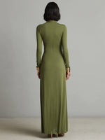 Vestido Maxi de Seda Verde Oliva com Decote em V
