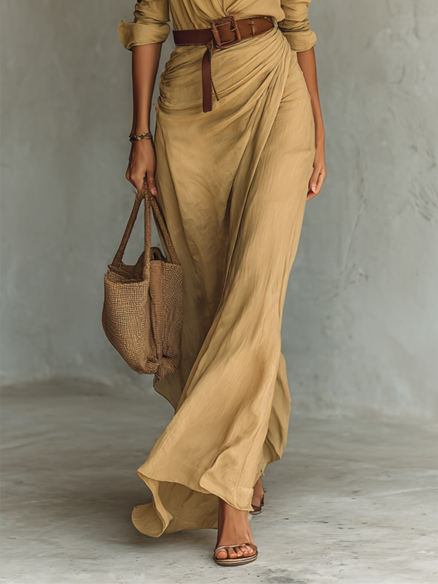 Vestido Maxi com Gola Reversa de Manga Longa