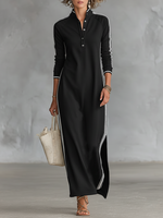 Vestido Maxi de Sweat com Gola de Botão