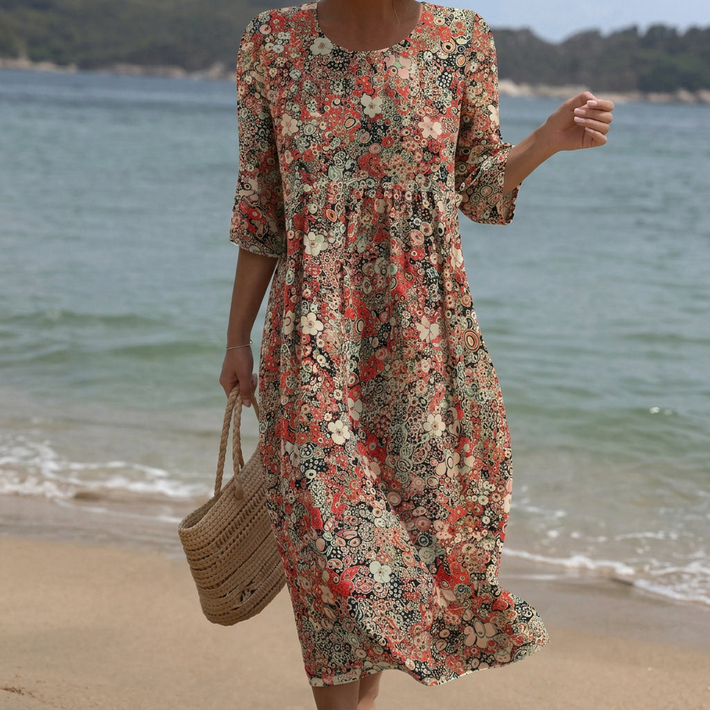 Sara - Vestido Maxi de Gola Redonda com Estampa